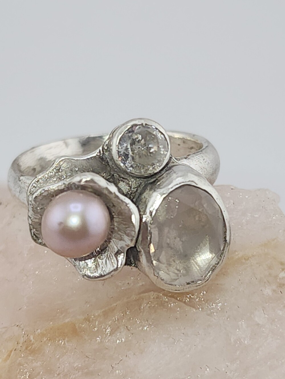 ROSE QUARTZ, SWEETWATER PEARL& CLEAR QUARTZ RING HANDMADE STERLING SILVER SZ 8